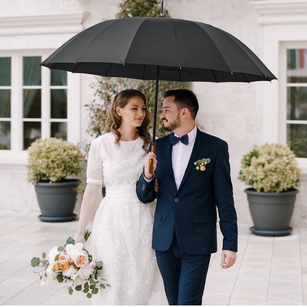 G4Free 54 Inch Large Windproof Umbrella for 2 Persons, 16 Ribs Auto Open Classic Wooden J Handle Cane Stick Golf Rain Umbrellas for Men Women Travel 120cm G4Free