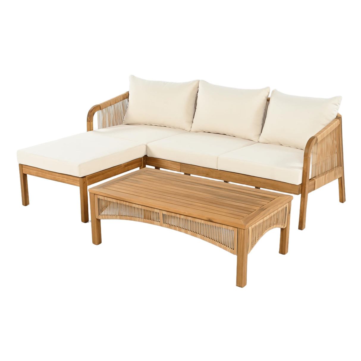 Merax 3-Pieces Outdoor Acacia Wood Patio Conversation Set, Outdoor Furniture Set with Coffee Table, Patio Sectional Sofa Set with Soft Cushion for Garden, Backyard, Balcony, Teak & Beige Merax