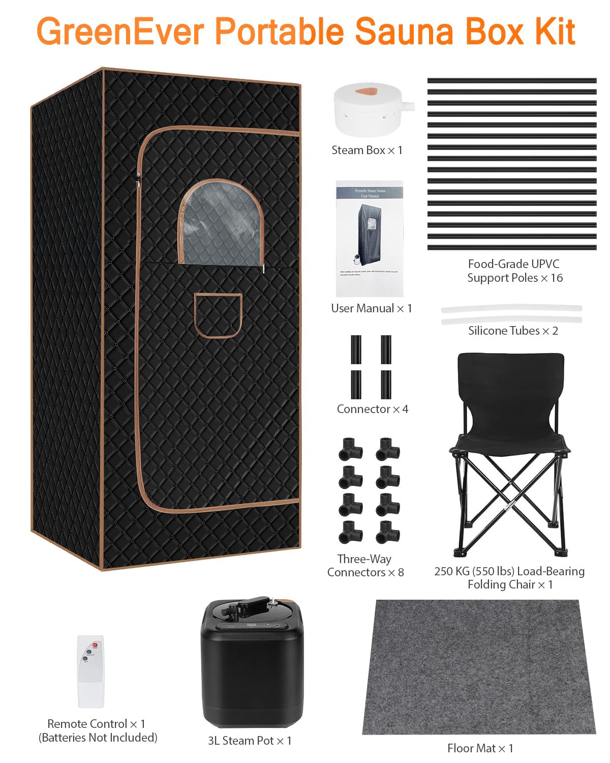 Portable Steam Sauna for Home: Full Body Sauna Box with 3L Steamer, Folding Chair, Home Sauna Tent Even Heating Spa for Women and Men Black & Brown, 35.4" x 35.4" x 70.86" GREENEVER