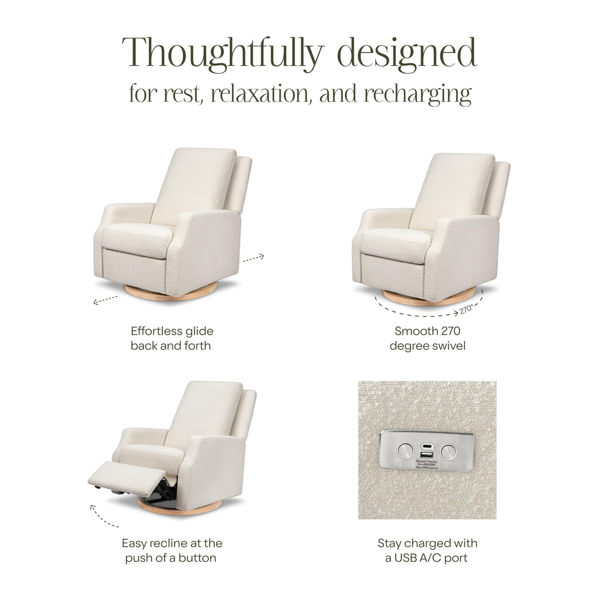 NAMESAKE Crewe Electronic Recliner and Swivel Glider in Ivory Boucle with Light Wood Base, Greenguard Gold & CertiPUR-US Certified NAMESAKE