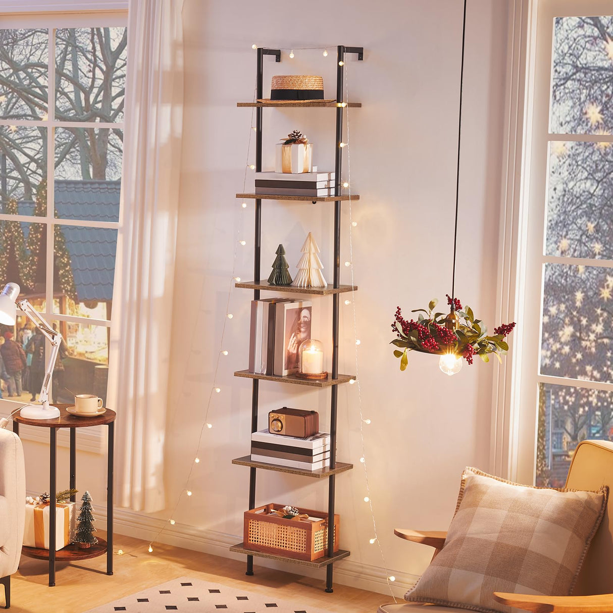 HOOBRO DIY Ladder Shelf, 6-Tier Wooden Wall Mounted Bookshelf, Narrow Bookcase, Display Shelf, Storage Rack, Plant Stand, for Living Room, Bedroom, Study, Balcony, Rustic Brown and Black BF651CJ01 HOOBRO