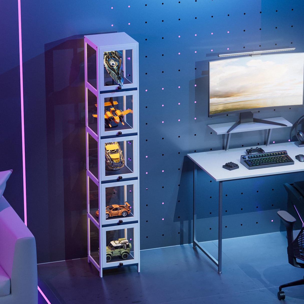 MoNiBloom 68" Tall Slim Narrow Clear Acrylic Door Curio Cabinet Display Case with Corner Shelves, White MoNiBloom