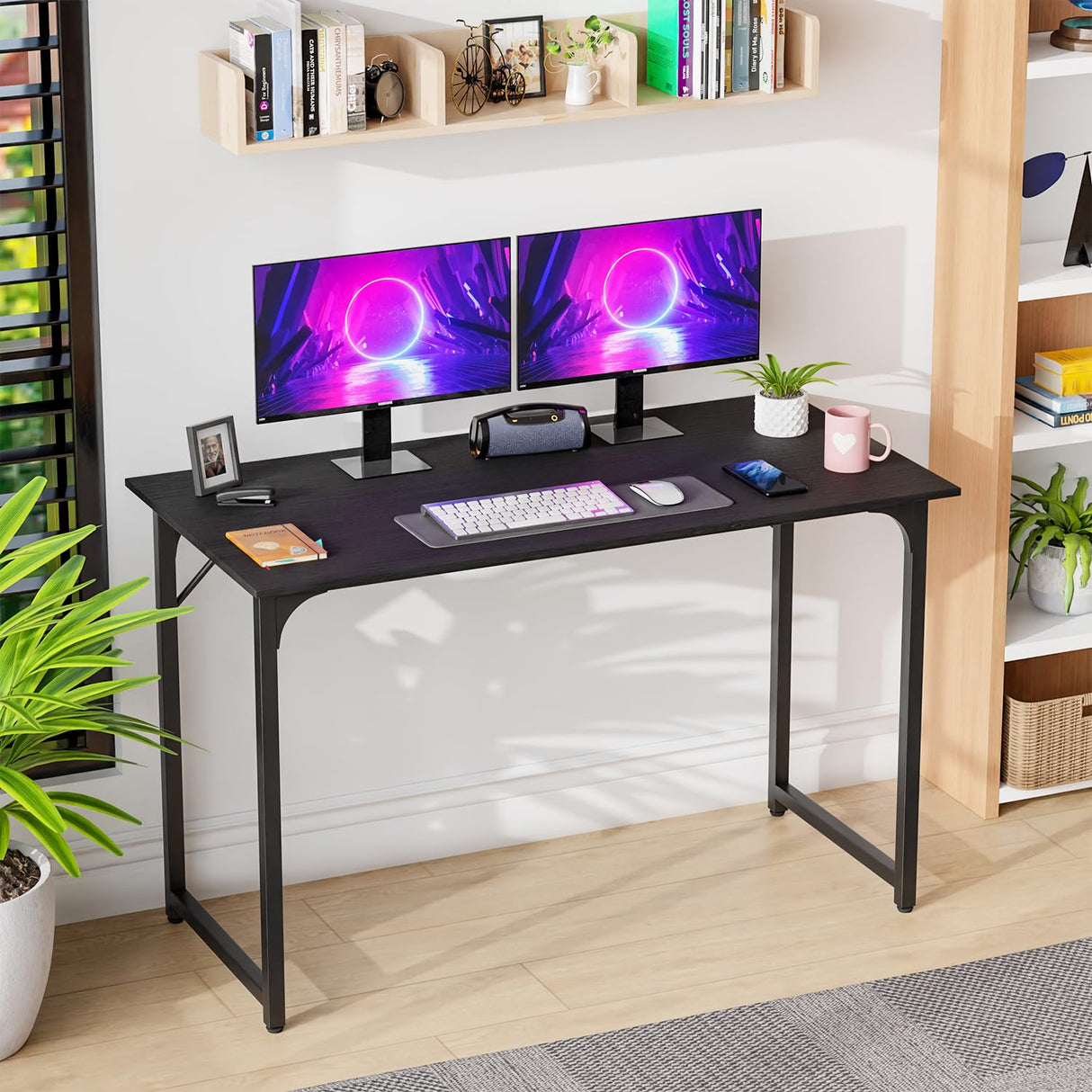 PayLessHere 47 inch Computer Desk Gaming Desk Multi-Function Writing Table Student Art Modren Simple Style PC Wood and Metal Desk Workstation, Black PayLessHere