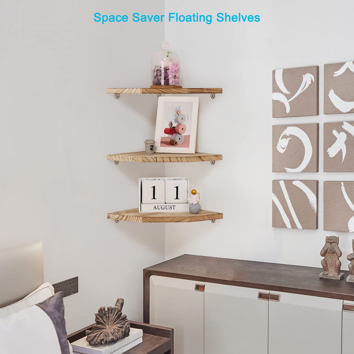 Joiishom Corner Wall Shelf Set of 3, Floating Corner Shelves for Wall, Rustic Wood Wall Storage Display Shelves for Living Room Bedroom Bathroom Kitchen (Fanshaped-Carbonized) Joiishom