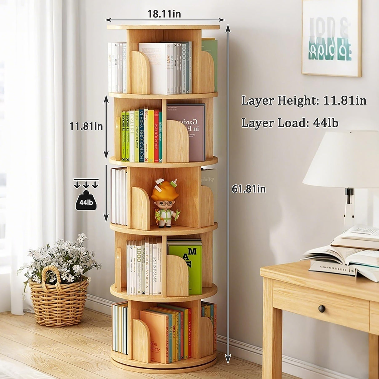 Corner Bookshelf and Bookcase, 61.81" H 5-Tier Rotating Bookshelf 360°, Book Shelf Narrow Tall Bookcase, Floor Standing Bookcases Storage Rack for Living Room, Office, Bedroom WoodArtSupply