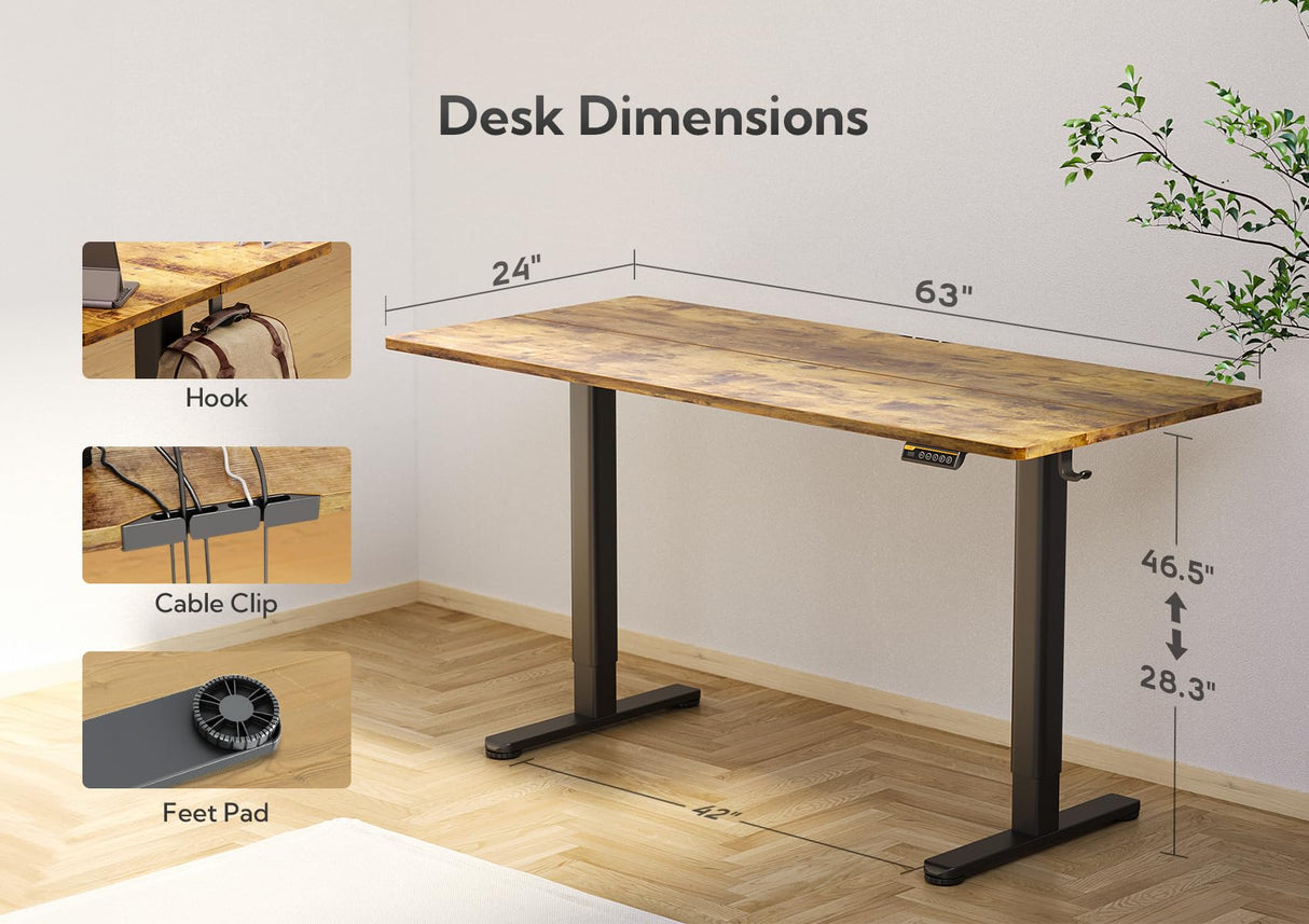 Claiks Electric Standing Desk, Adjustable Height Stand up Desk, 63x24 Inches Sit Stand Home Office Desk with Splice Board, Black Frame/Rustic Brown Top Claiks