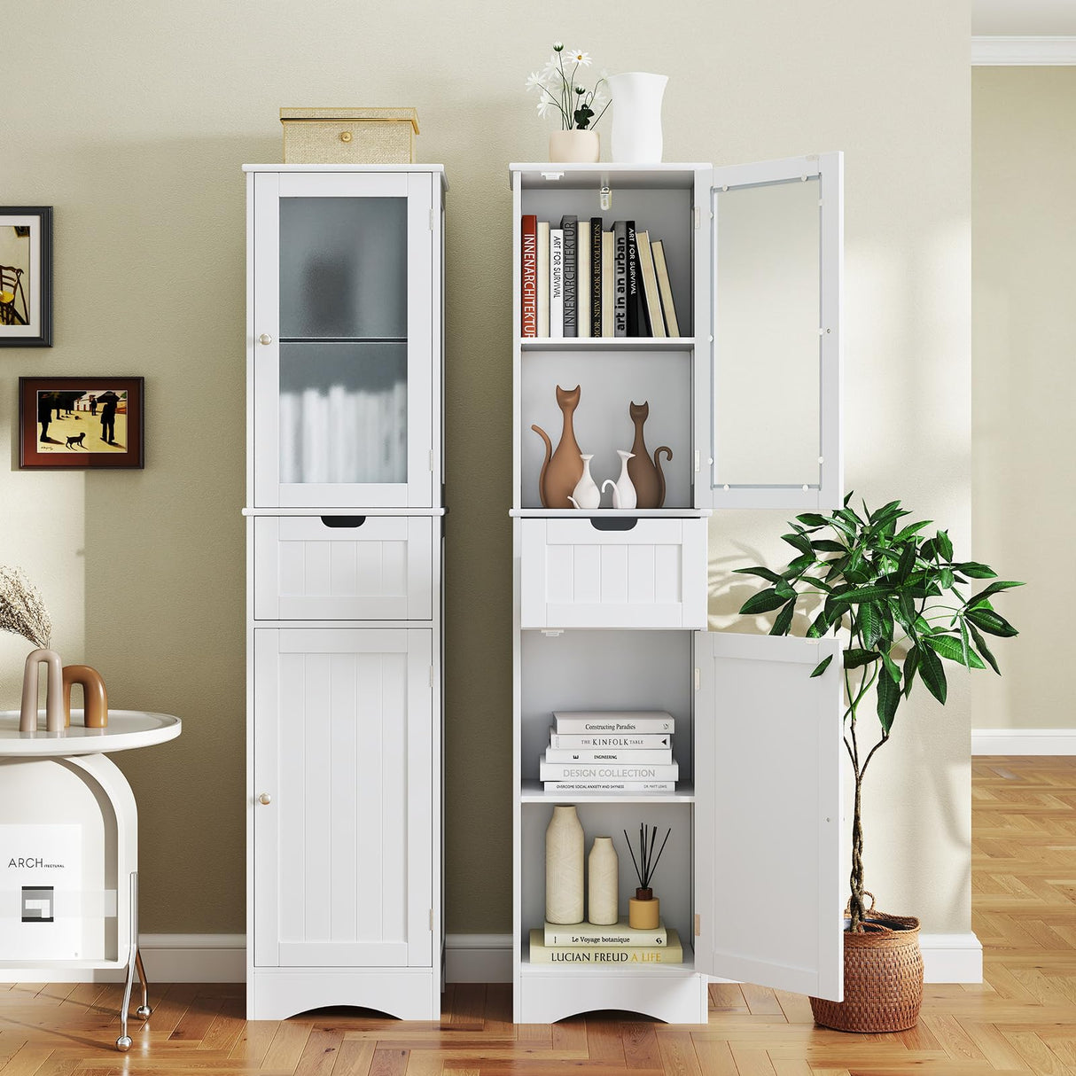 Tangkula 67" Tall Bathroom Storage Cabinet, Slim Freestanding Tower w/ 2 Doors & 1 Drawer, Narrow Floor Cabinet w/Adjustable Shelves & Tempered Glass Door for Bathroom Living Room (White) Tangkula