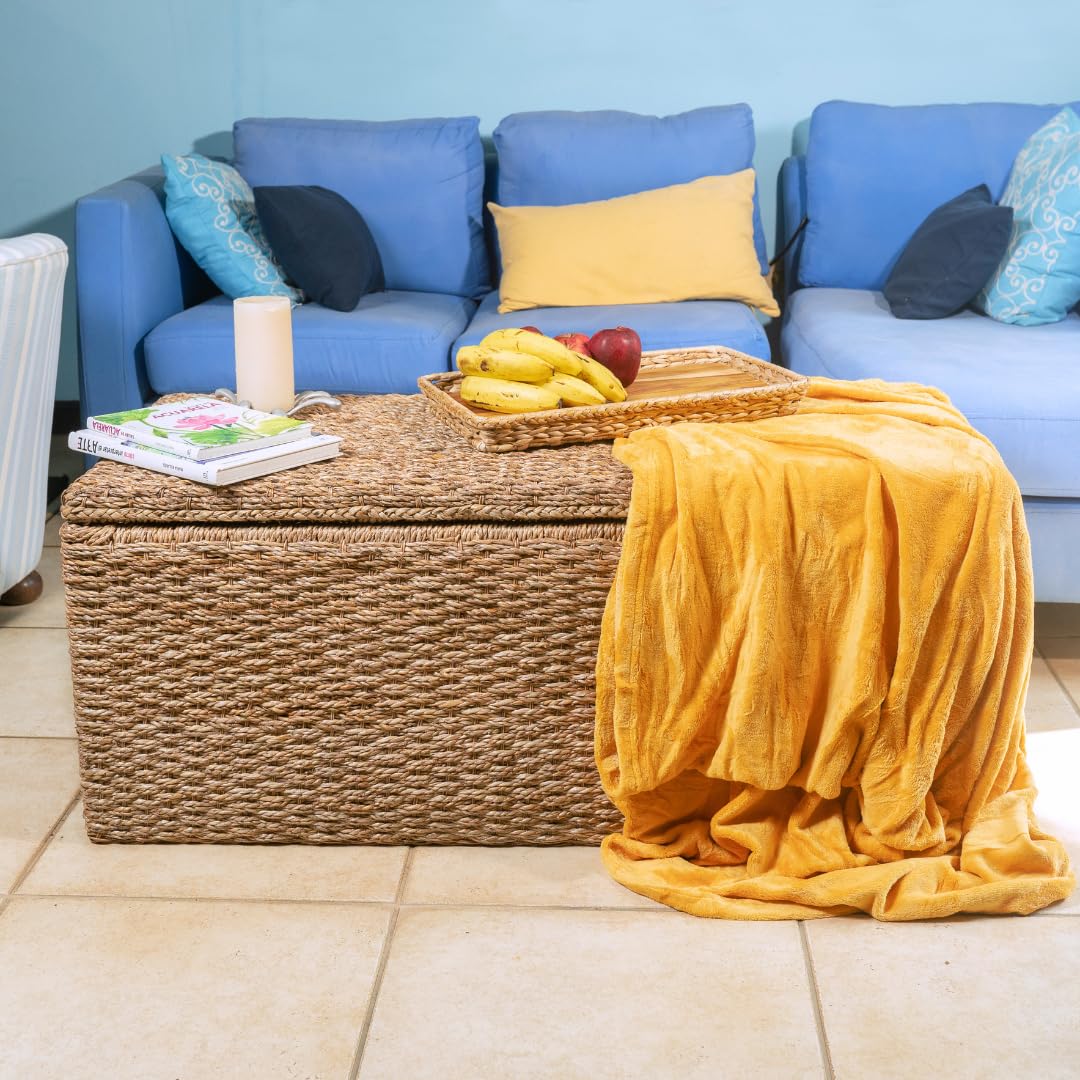 Wholestory Collective Wicker End of Bed Bench Rattan Storage Trunk and Chest Seagrass XL Organizers with Lid, Rattan Coffee Table Ottoman With Storage Handwoven Box (Extra Large) Wholestory Collective