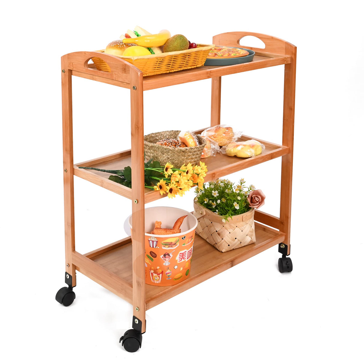 Baoz 3-Tier Bamboo Rolling Cart Kitchen Serving Cart Organizer Storage Rack Utility Mobile Trolley with Lockable Wheels for Home Bar Living Dining Room Baoz