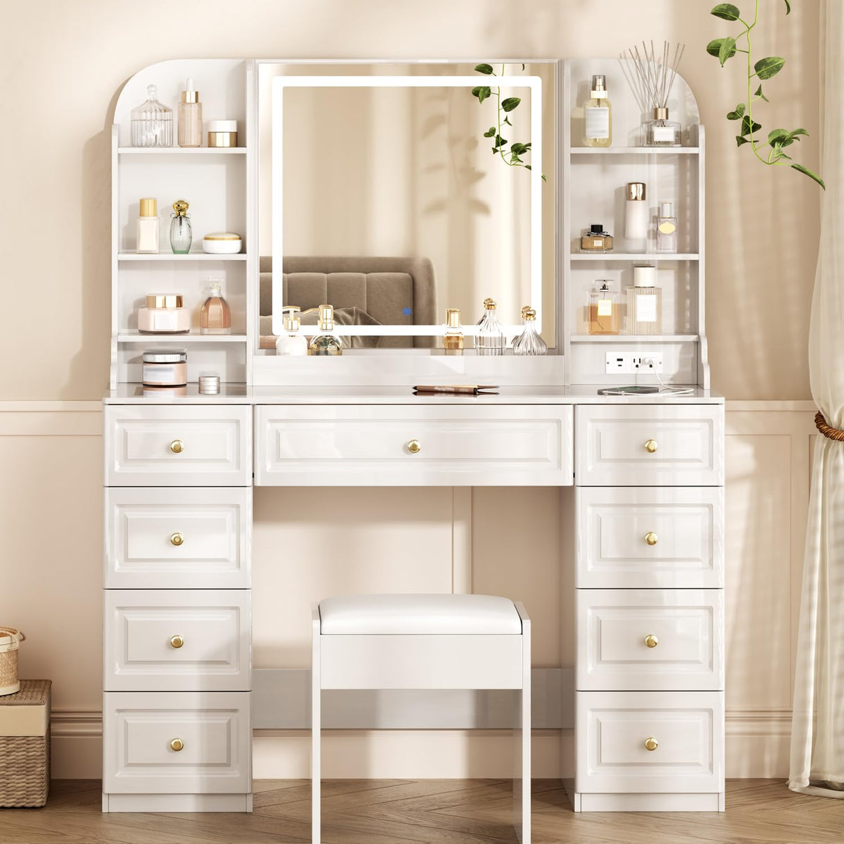 YYJ 42" Makeup Vanity Desk with Mirror and Lights, & Power Outl,Glass Top Big Vanity Table with 9 Drawers& 8 Storage Shelves,Vanity Table Set with Chair for Bedroom,White,W YYJ