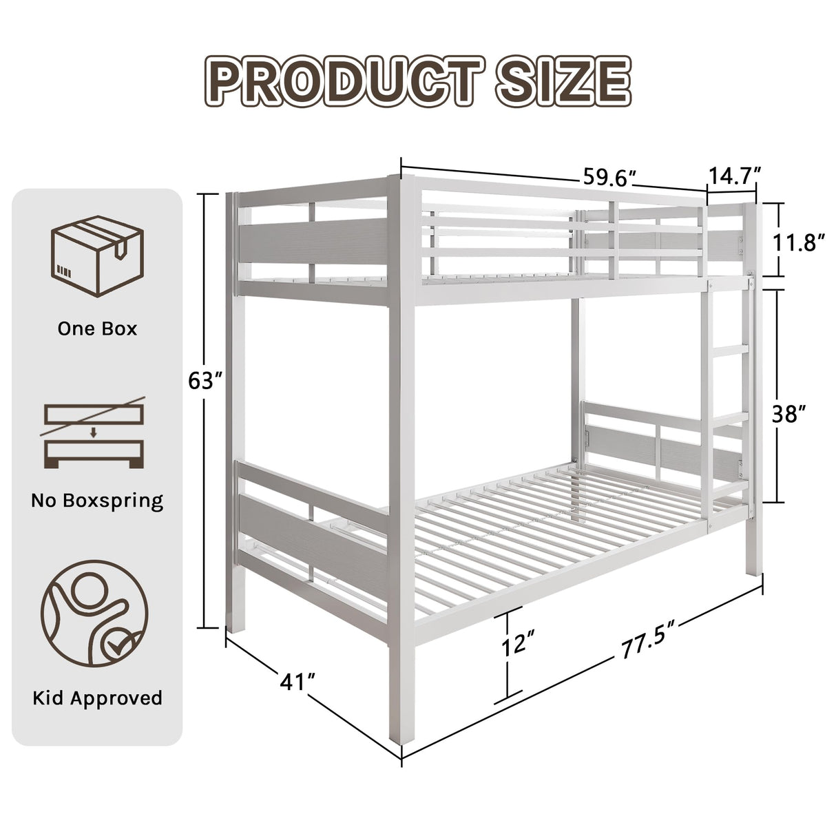 nesture. Bunk Bed Twin Over Twin, Heavy Duty Metal Bunkbeds with Ladder and Full-Length Guardrail, Space-Saving Steel Bed for Kids & Adults, No Box Spring Required, White nesture.