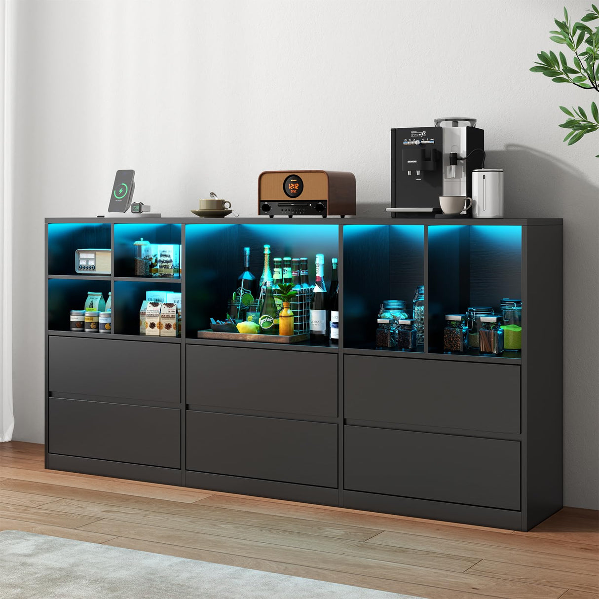 Gyfimoie Black Dresser for Bedroom with 6 Drawers, Chest of Drawers with Led Lights&Charging Station, 63" Long Dresser with 7 Open Cubbies, Storage Drawers for Living Room, Closet, Hallway (Black) Gyfimoie