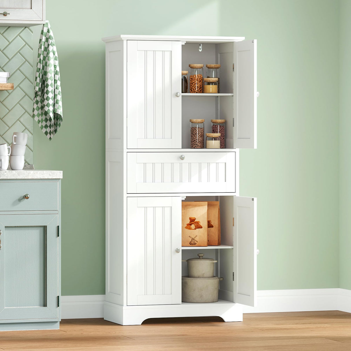 ChooChoo 51" H Tall Bathroom Floor Cabinet, Modern Bathroom Storage Cabinet with Drawer and Adjustable Shelves, Freestanding Kitchen Pantry Cupboard with 4 Doors for Living Room, White ChooChoo