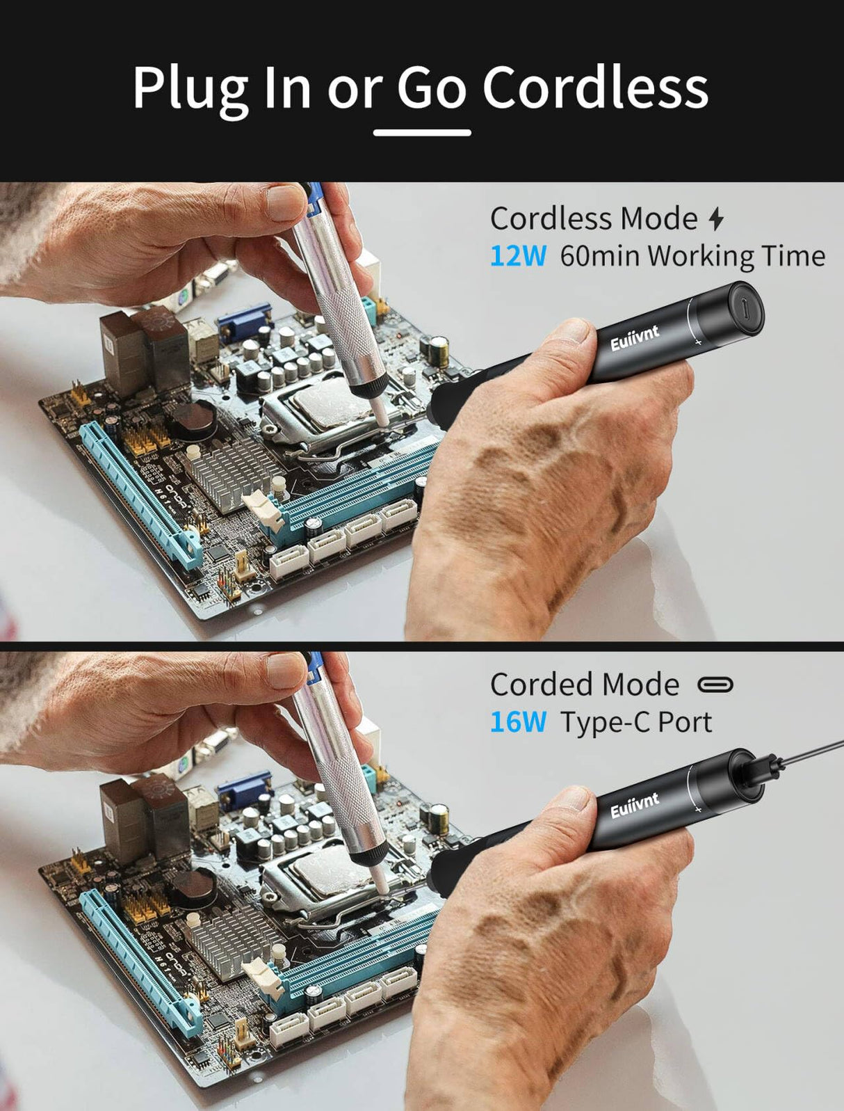Cordless Soldering Iron Kit - 12s Rapid Heat USB-C Portable Rechargeable Soldering Iron with LED Screen, Gravity Sensor, 3 C210 Tips & Metal Stand for Electronics Repair, DIY Euiivnt