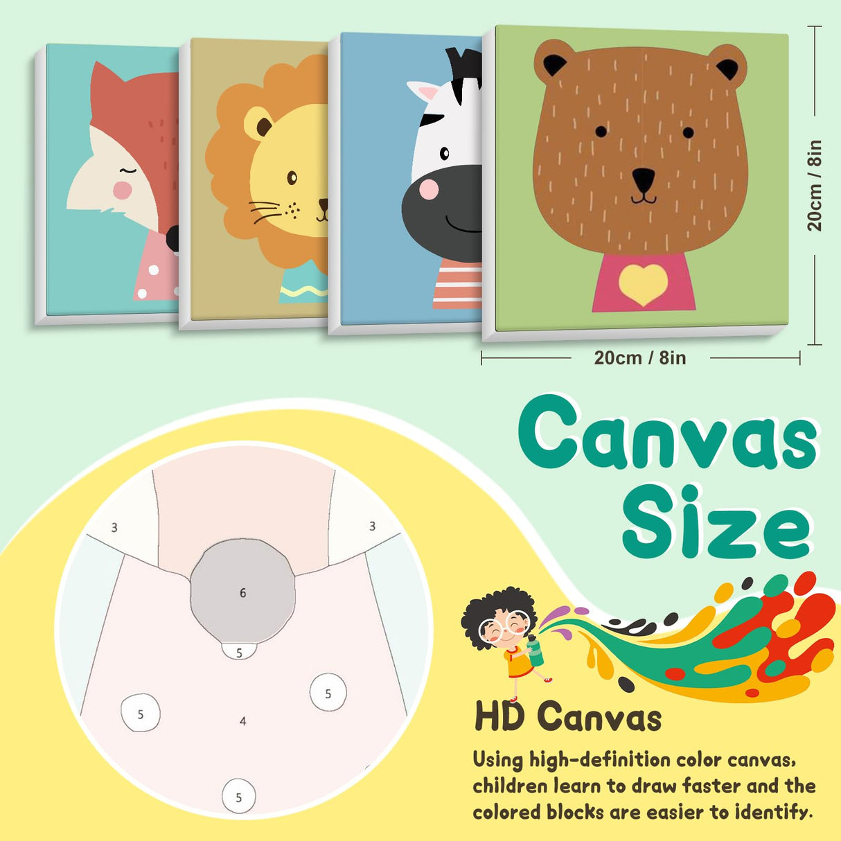 4 Pack Paint by Numbers Kit for Kids with Wooden Frame, Animals Easy Framed Paint by Numbers for Kids Age 4-8-12, DIY Simple Acrylic Oil Kids Painting by Numebrs Kit for Home Wall Decor (8x8 Inch) Offito