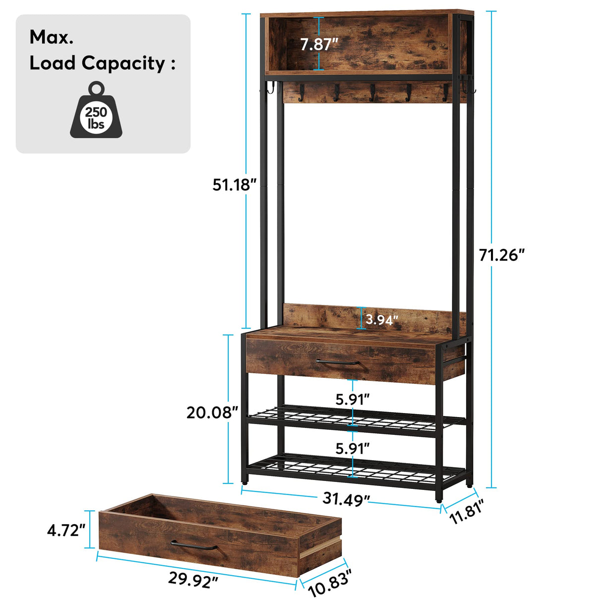 Tribesigns 3-in-1 Entryway Hall Tree with Drawer, Vintage Industrial Coat Rack with Shoe Bench and Hutch, Mudroom Bench with Shoe Storage Rack and 9 Hooks for Living Room Bedroom (Brown) Tribesigns