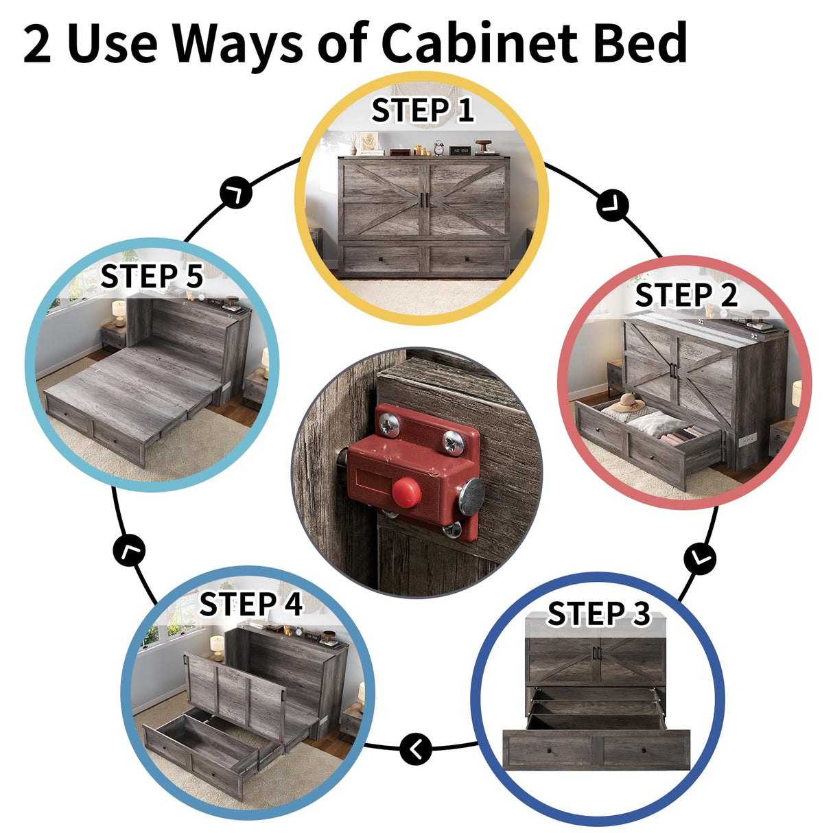 LUXOAK Murphy Bed Queen Size Cabinet Bed with Charging Station, Large Storage Drawer for Home Office or Small Room, Hideaway Bed Full Foldable Platform Bed, Rustic Grey LUXOAK