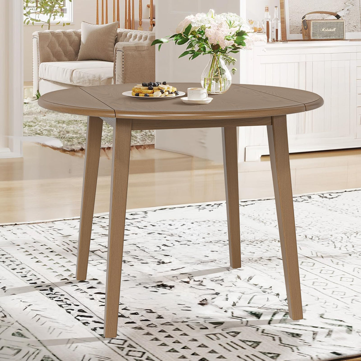 COLAMY 5-Piece Extendable Dining Table Set for 4, 36" Kitchen Round Wood Table with 4 Retro Dining Room Chairs, Light Brown/Beige COLAMY