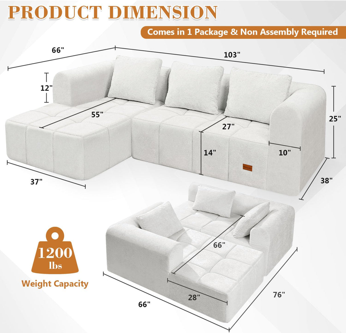 HABUTWAY 103" L-Shaped Modular Sectional Sofa, No Assembly Required Deep Seat Couch with 3 Pillows, Soft Fabric Upholstered, Modern Chaise Lounge for Living Room, Bedroom, Beige HABUTWAY