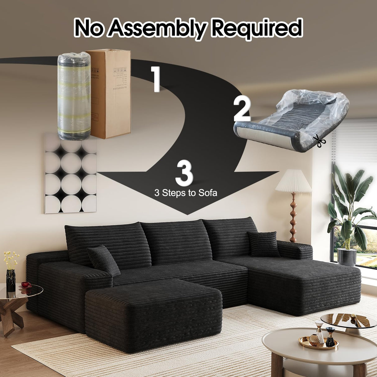 107" Comfy U-Shaped Sectional Modern Boneless Corduroy Couch with Chaise and Ottoman - No Assembly Required! Deep-Seat, Upholstered Modular Cloud Sofa for Living Room, Plush Corduroy Fabric(Black) COZYCC