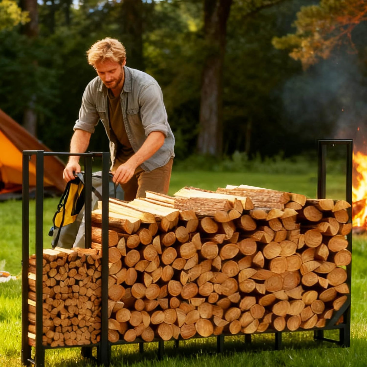 Shomextol 8ft Large Firewood Rack Outdoor, Heavy Duty Metal Wood Rack with Kindling Storage - For Indoor & Outdoor Fireplace, Wood Pile Organizer,Black Shomextol