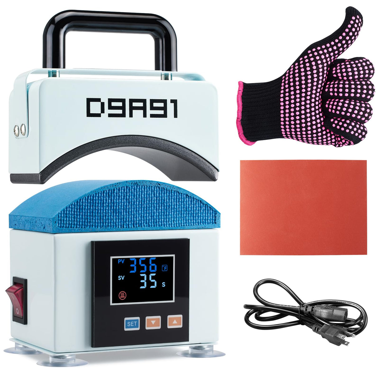 D9A91 Hat Press,Mini Hat Press Machine. for Caps, T-Shirt & More, Curved Heating Plate and Silicone Base,Heat Up Fast and Even, No Crease, LCD Digital Temperature &Timer Control-Light Blue D9A91