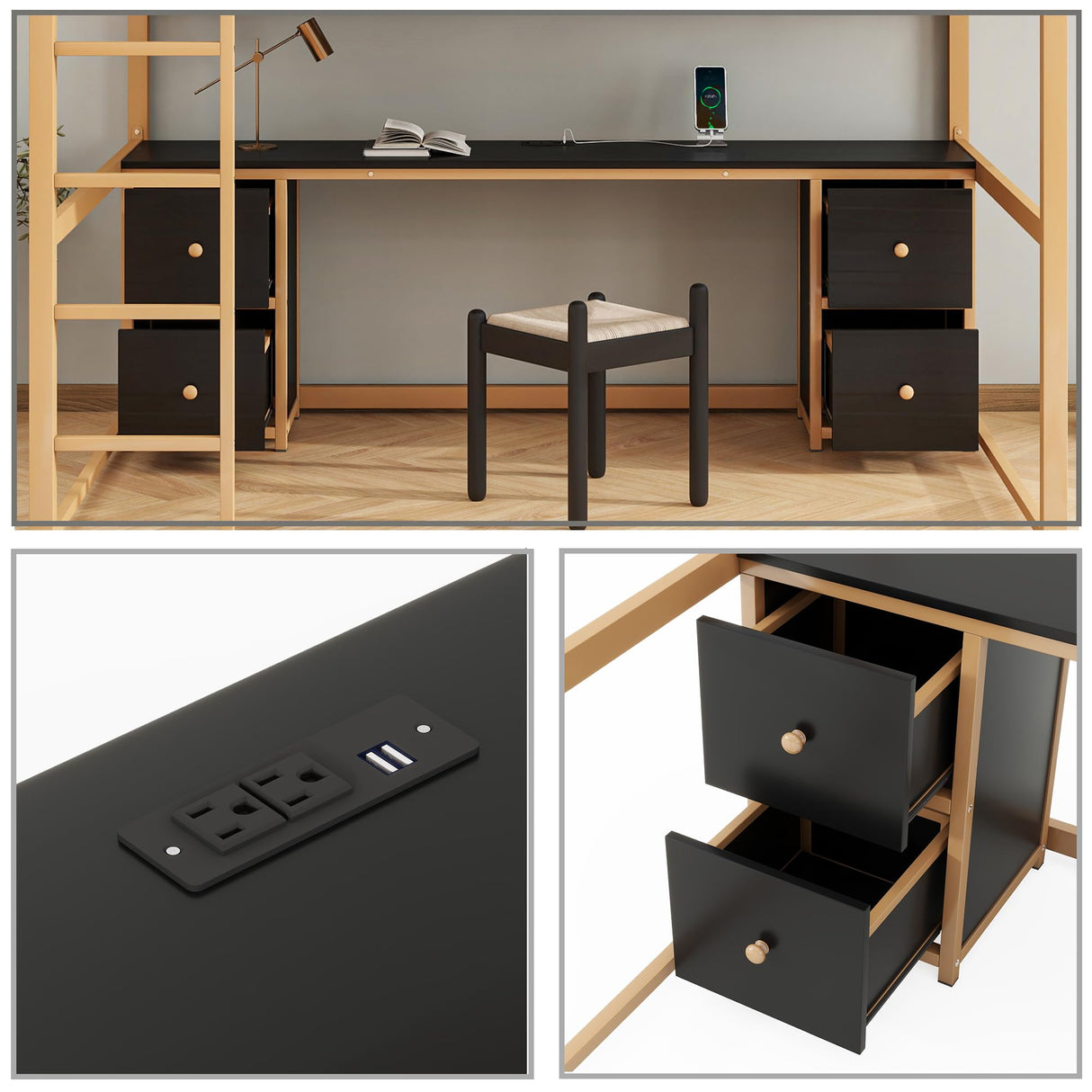 Full Size Loft Bed with Desk and Storage Drawers, Metal Loft Bed with Bookcase and Charging Station, Full Size Loft Bed Frame with Guardrail, Full Loft Bed for Kids, Gold Black Loft Bed Full Bellemave