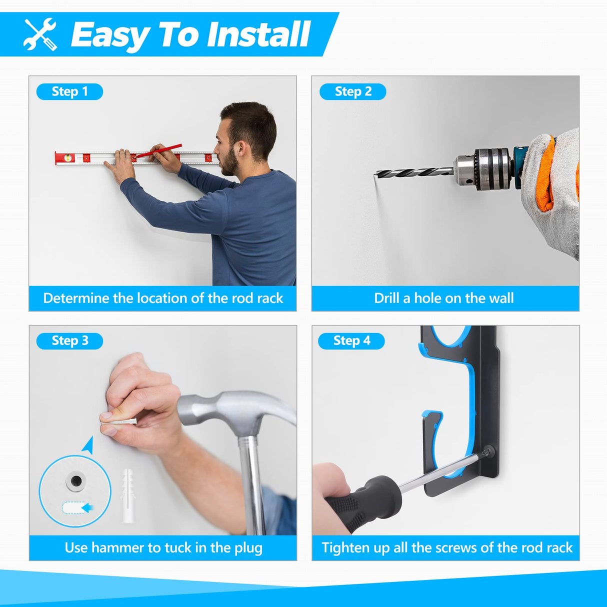 PLUSINNO H5 Horizontal Fishing Rod/Pole Holders for Garage, Wall or Ceiling Mounted Fishing Rod Rack, Aviation Aluminum Fishing Pole Holder Holds up to 10 Rod or Combos or Nets Storage Racks PLUSINNO