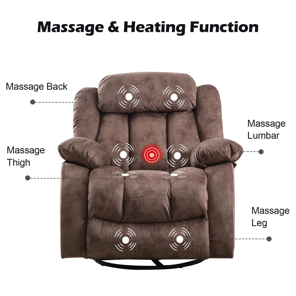 CANMOV Massage Rocker Recliner with Heat and Vibration, 360 Degree Swivel Manual Antiskid Fabric Single Sofa Heavy Duty Reclining Chair for Living Room, Dark Brown CANMOV