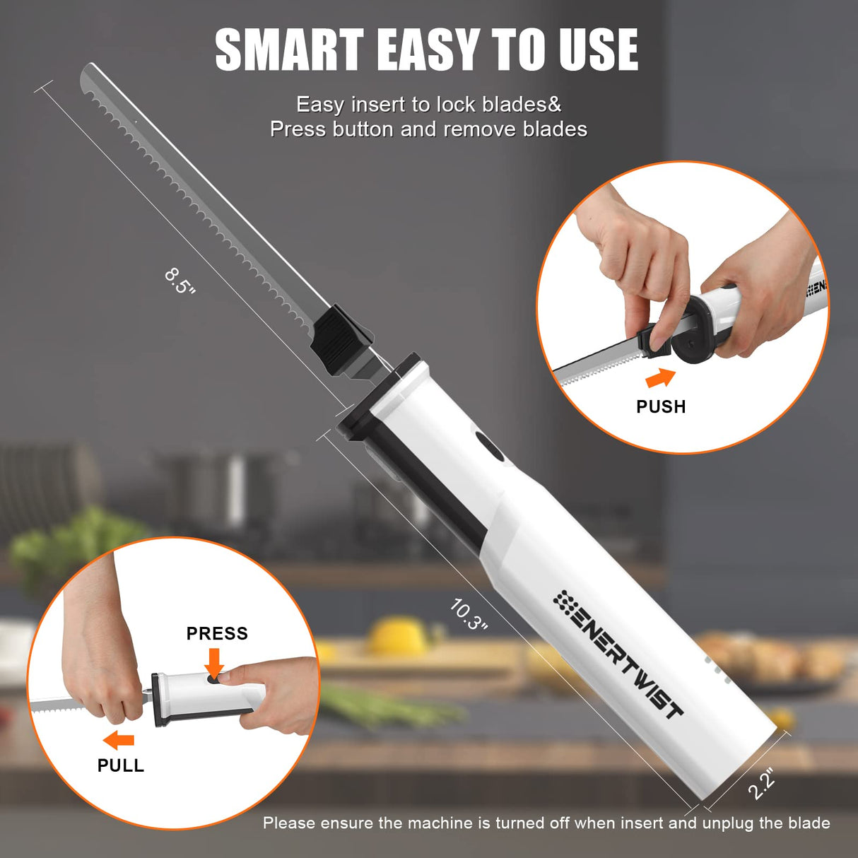 ENERTWIST Cordless Rechargeable Electric Knife 1S Quick Start One-Hand Operation with 4 Stainless Steel Blades and Safety Lock Button, Carving Bread, Meats, Turkey, Crafting Foam ENERTWIST