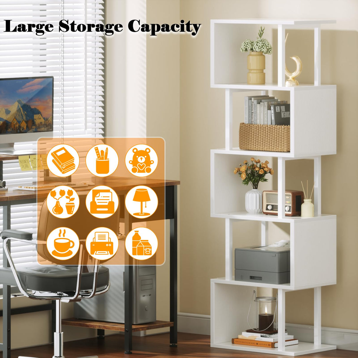 Furologee White Geometric Bookshelf 6 Tier S-Shaped Bookcase, Tall Modern Display Storage Shelf, Metal and Wood Decorative Freestanding Room Divider Shelves for Bedroom, Living Room, Office Furologee