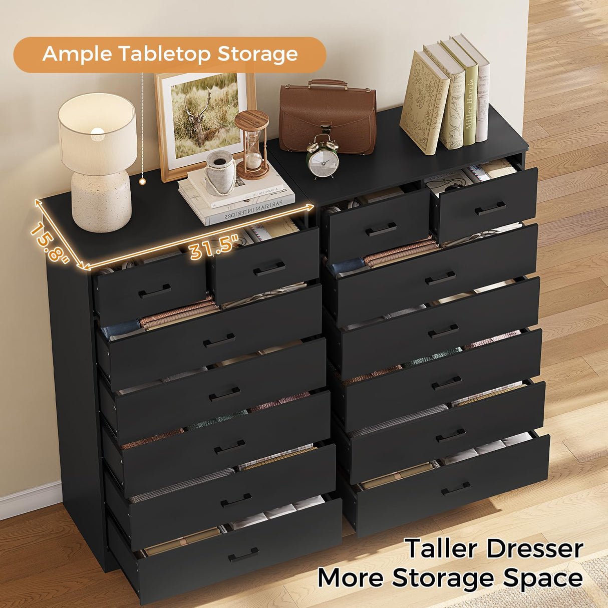 Hasuit Tall Dresser for Bedroom, Black Large Chest of Drawers, 55.6'' High Dressers with 7 Drawers, Modern Wooden Vertical Storage Clothes Closet Organizer Hasuit