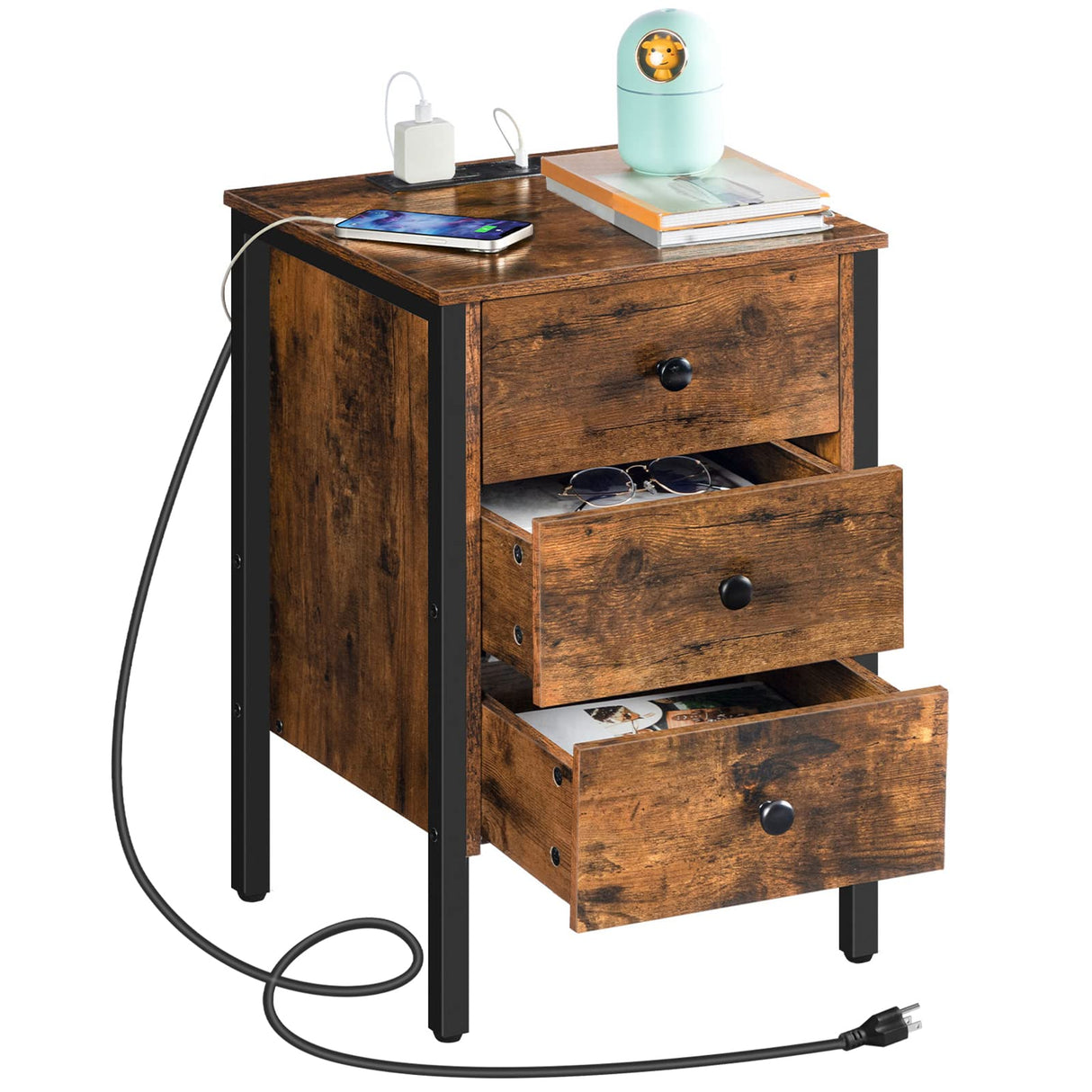 HOOBRO Nightstand with Charging Station, Side Table with 3 Drawers and Storage Shelf, End Table with USB Ports, Retro Industrial Style Bedside Table, for Living Room, Bedroom, Rustic Brown BF461BZ01G2 HOOBRO