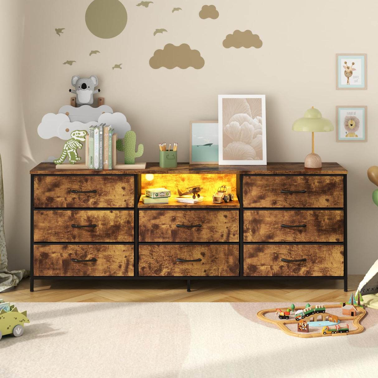 Loomie 63 Inch Dresser for Bedroom, Wide Long Fabric Dresser with LED Lights & 8 Drawers, Large TV Stand for 55, 65, 70 Inch TV, Entertainment Center with Storage (Rustic Brown) Loomie