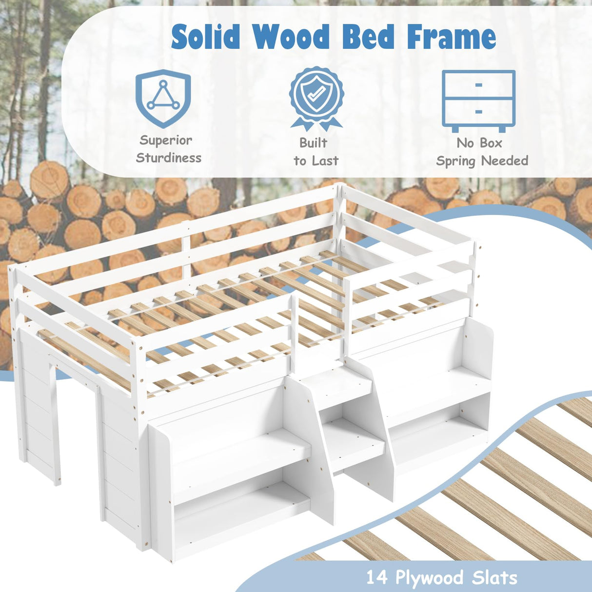 KOMFOTT Low Loft Bed with LED Light & 2 Bookcases, Wood Kids Twin Bed with Under-Bed Play Space, Stairs & Guardrails, No Box Spring Needed, Modern Low Loft Bed Frame, White KOMFOTT