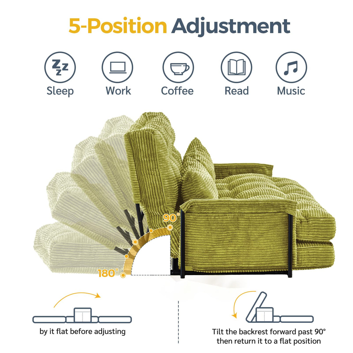 MAXYOYO Adjustable Floor Sofa Couch with 2 Pillows, Multi-Functional Bean Bag Bed, 5-Position Foldable Lazy Sofa Sleeper Bed with Armrest, Versatile Floor Seating for Reading, Green, Double MAXYOYO