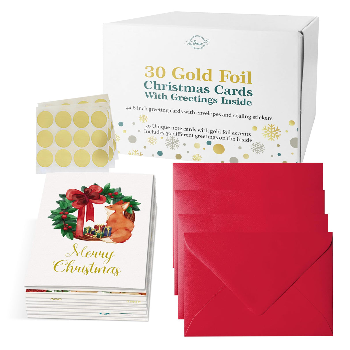 Dessie 30 Unique Christmas Cards with Envelopes 4x6 and Gold Sealing Stickers. Short Greetings Inside. Boxed Christmas Cards and Happy Holiday Greeting Cards Set. Dessie
