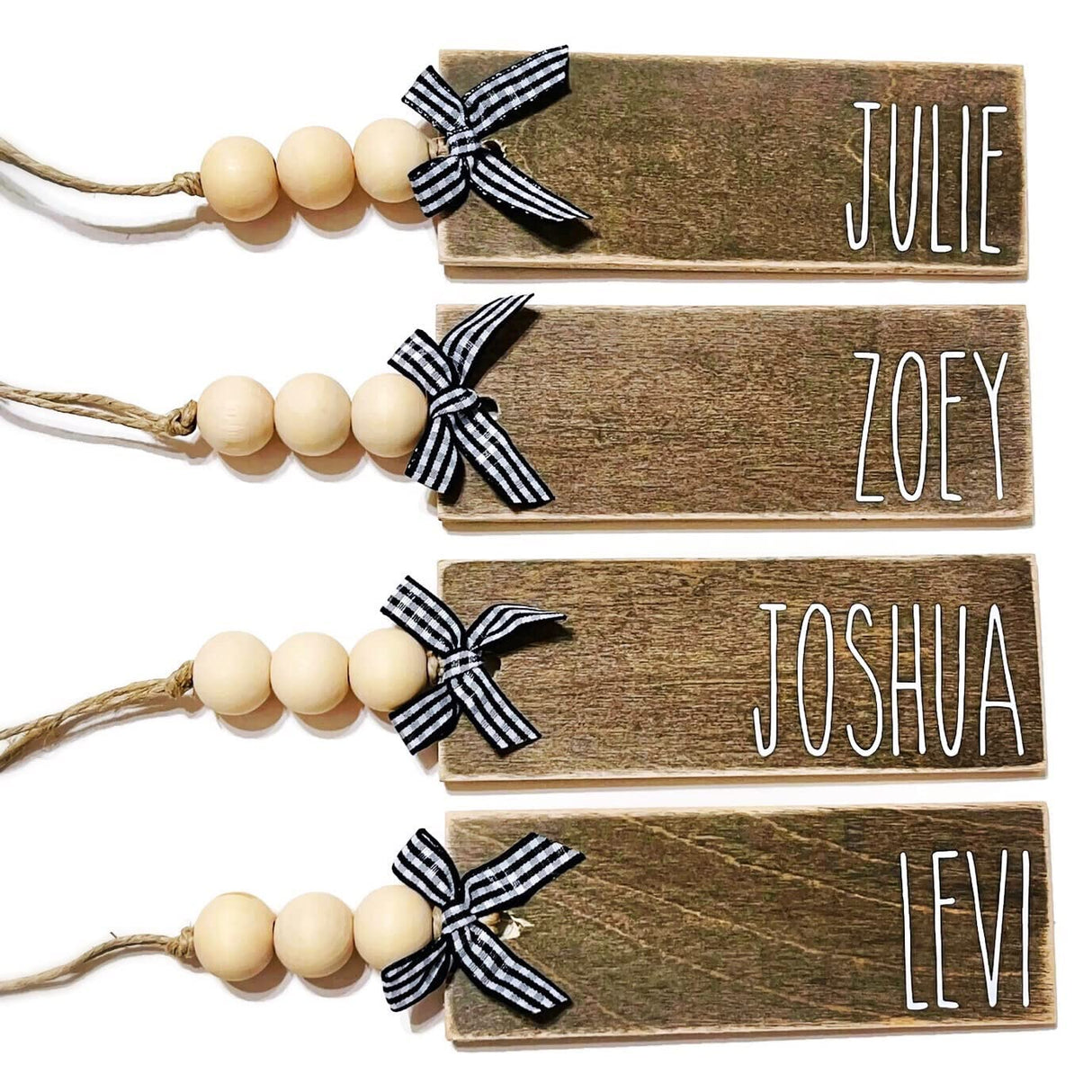 Wood Stocking Name Tags, Personalized Stocking Tags, Farmhouse Christmas Stocking Tag, White and Black Buffalo Check Appalachian Artisans