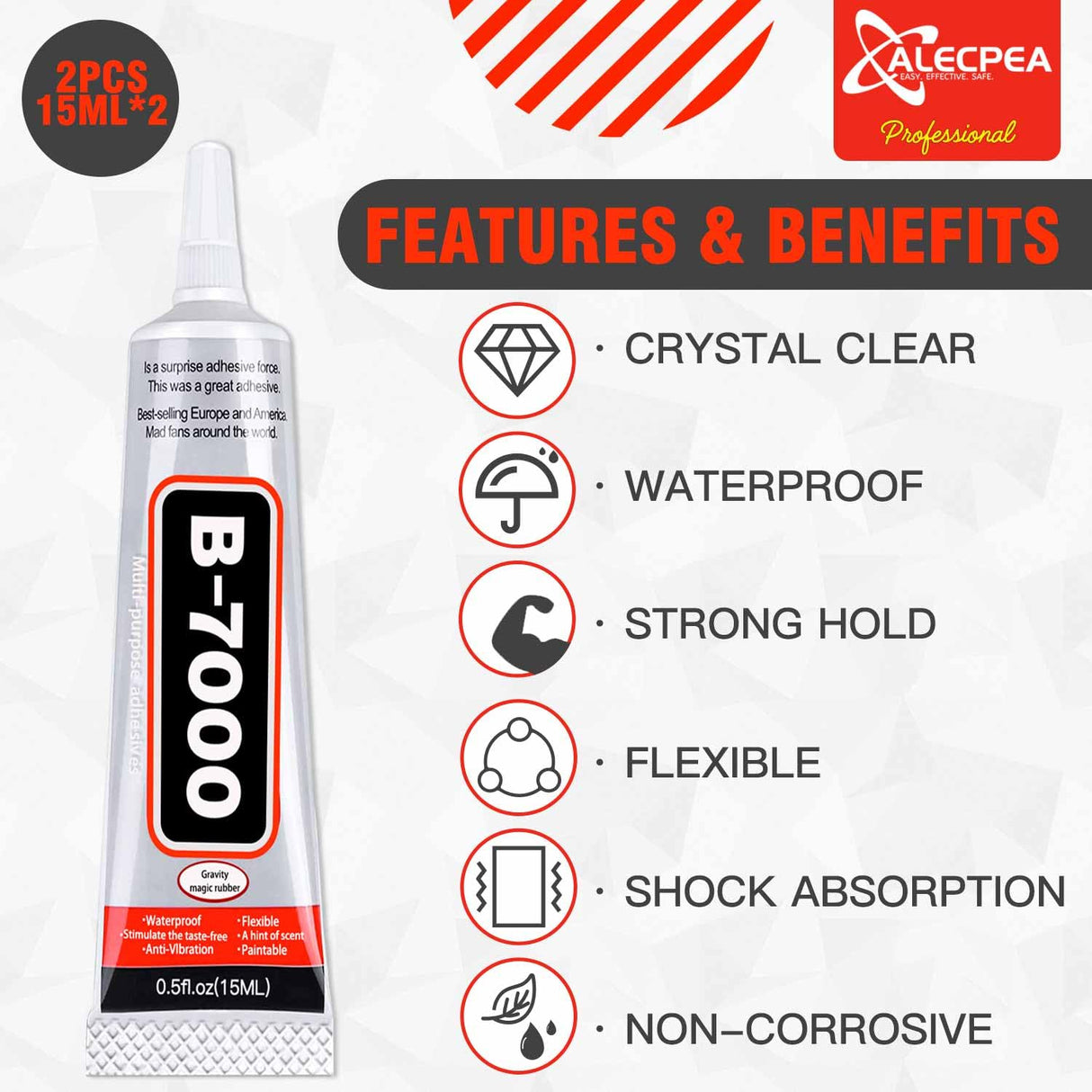 B-7000 Craft Glue for Jewelry Making - 15ml/0.5oz (2 Pack) - Multi-Function B-7000 Super Adhesive Glues Liquid Fusion Glue for Rhinestones Crafts, Clothes Shoes, Fabric, Jewelry Making, Cell Phones ALECPEA