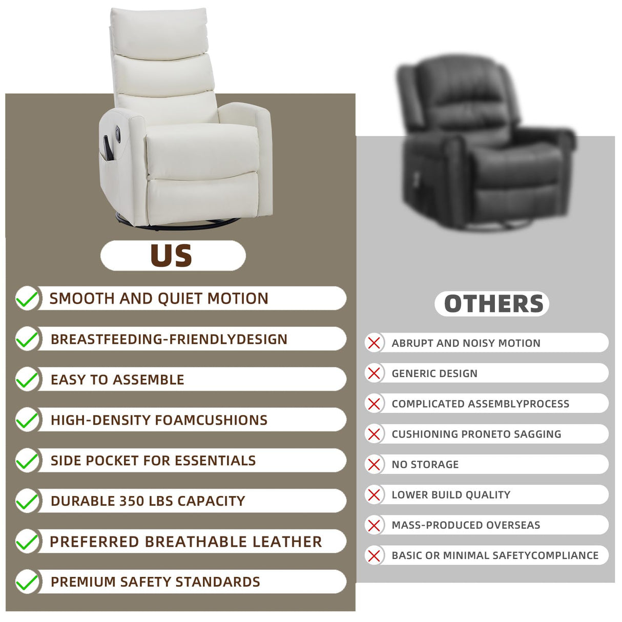 PELUMY Manual Recliner Chair with Heat & Vibration Massage, 360° Swivel Rocker Recliner with 155° Recline and Lumbar Heat, Compact Recliner for Living Room & Small Spaces (Breathable Leather, White) PELUMY