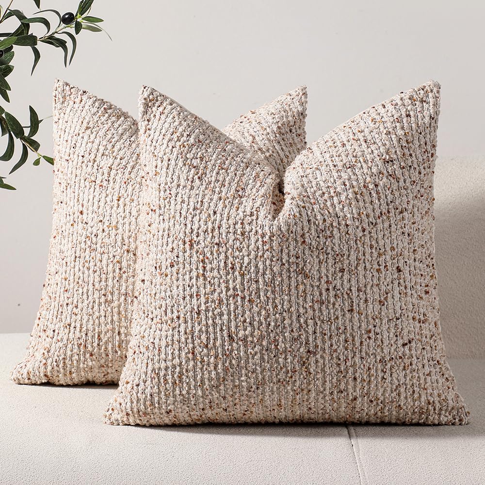 DEZENE Striped Throw Pillow Covers 18x18 Set of 2 Beige Textured Boucle Chic Morden Boho Accent Farmhouse Square Decorative Couch Pillow Covers for Home Decor Bed Sofa Living Room DEZENE