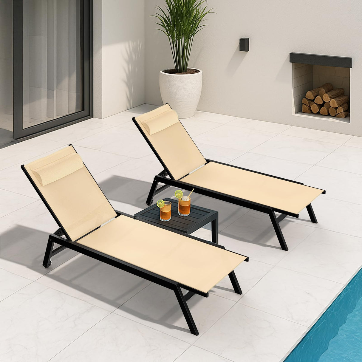 HOMSHADE Outdoor Aluminum Lounge Chair -Set of 2 with 5 Position Adjustable Backrest, Textilene Fabric, Two Wheels, Headrest for Pool, Beach, Beige (No Table) HOMSHADE