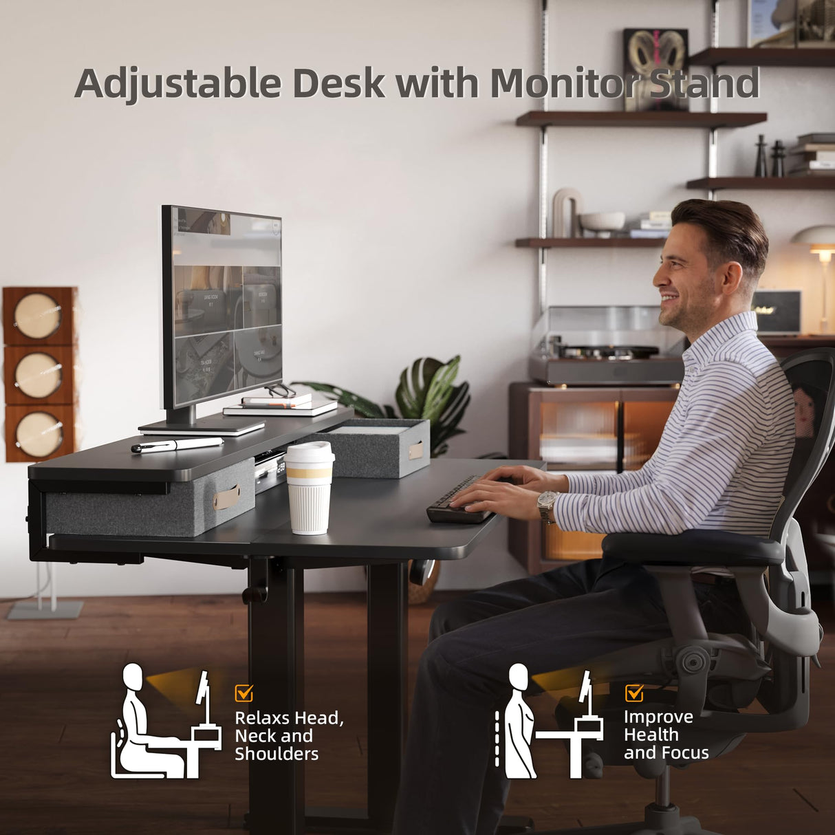 Seang Electric Standing Desk with 2 Drawers, Adjustable Standing Desk with Storage Shelf, Height Adjustable Stand up Desk for Home Office with 3 Presets & 2 Hooks,48 Inch, Black Seang