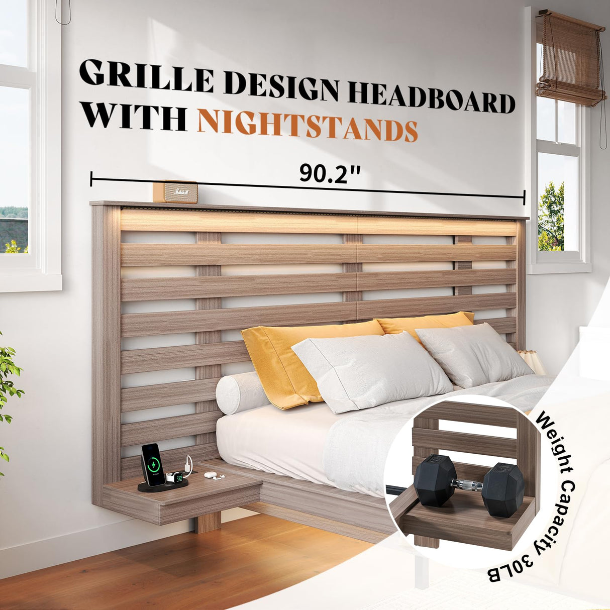 AMERLIFE Taupe Farmhouse Floating Bed Frame with LED Lights, Extended Grille Headboard & Integrated Nightstands AMERLIFE