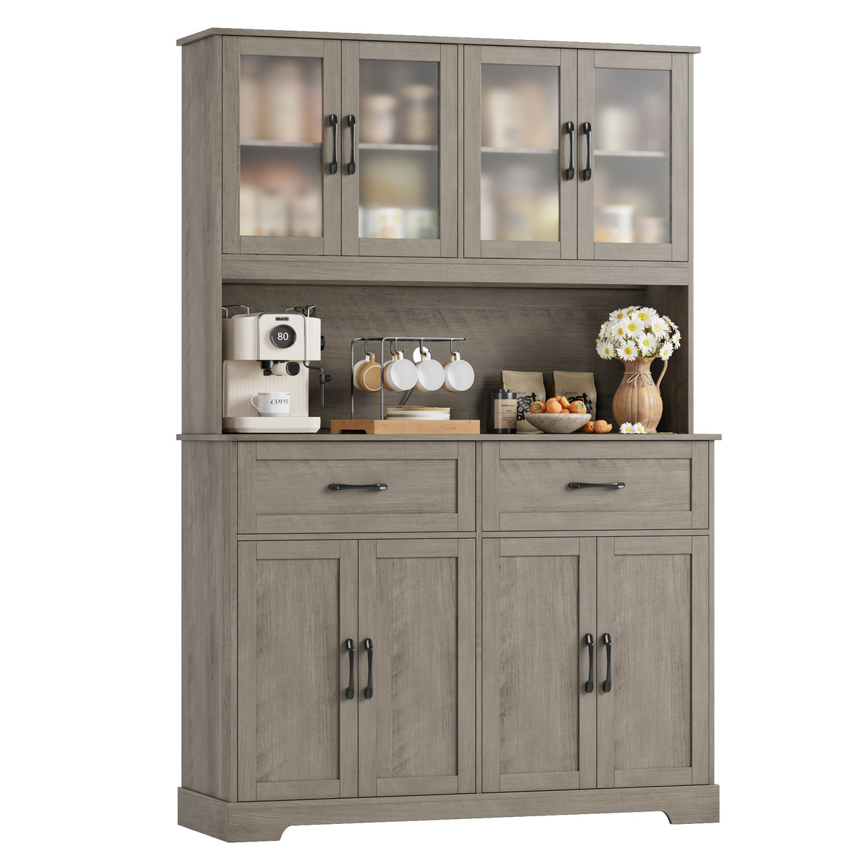 BOTLOG 71" Pantry Storage Cabinet, Farmhouse Food Pantry Cabinet with Microwave Stand, Kitchen Hutch with Large Drawer and Shelves for Dining Room Farmhouse Grey BOTLOG