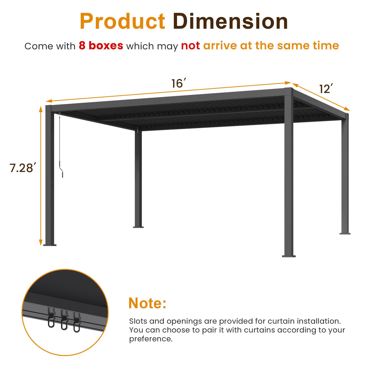 Louvered Pergola 12'x 16' with Curtains & Netting, Metal Outdoor Pergola with Adjustable Louvers Roof and Gutter System, Metal Hardtop Gazebo for Patio, Deck, Garden, Yard, Dark Gray FansaFurn