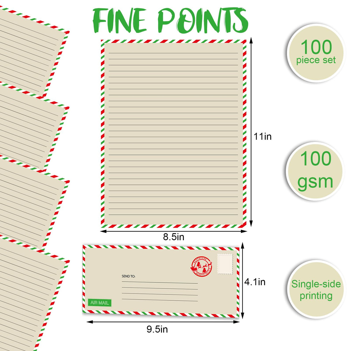 JarThenaAMCS 100Pcs Christmas Vintage Airmail Stationery Paper Set Red Green Border Lined Letter Writing Paper with Envelopes for Xmas Invitation Card Office Printing, 8.5" x 11" JarThenaAMCS