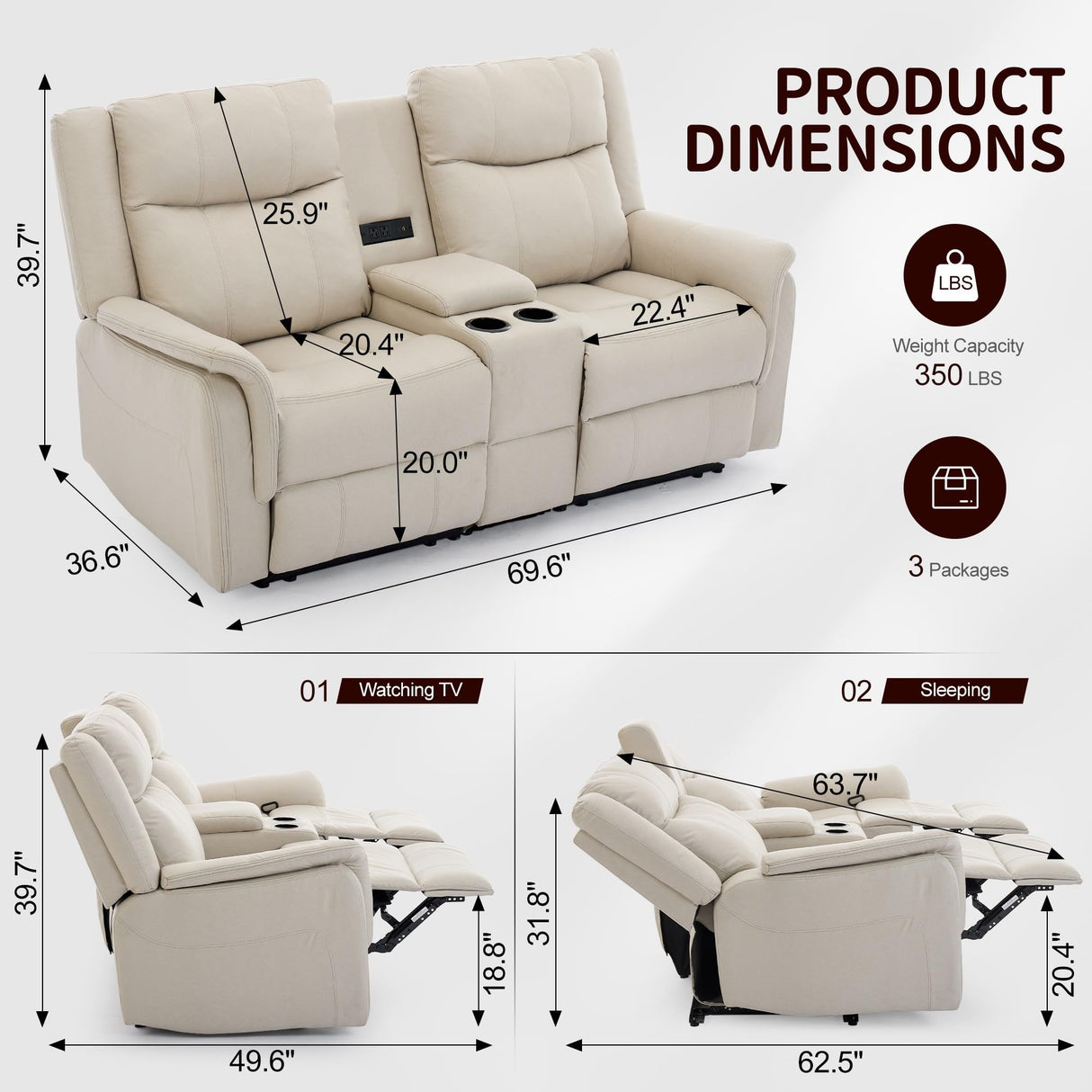 Korser Loveseat Recliner Sofa, Reclining Loveseat Couch with Manual Pull Tab, Reclining Couch with Console, USB Port, US Outlets, and Cup Holders, 2-Seater Performance Fabric Sofa for Living Room, RVs Korser