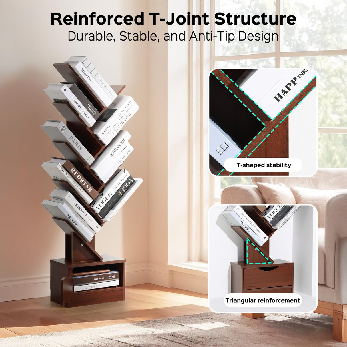 8-Tier Tree Bookshelf with Drawer, Tall Wood Bookcase for Small Spaces, Compact Floor Standing Shelf for Books, CDs & Decor, Tip-Resistant Design, Space-Saving Shelf for Living Room, Bedroom, Office LOVEWE