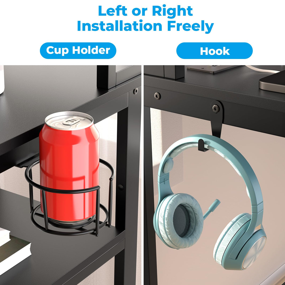 GreenForest 47 inch Gaming Desk with Power Outlets, Small Home Office Desk with Ergonomic Monitor Stand, Reversible Computer Desk, Modern Study Desk, Laptop Desk,Black GreenForest